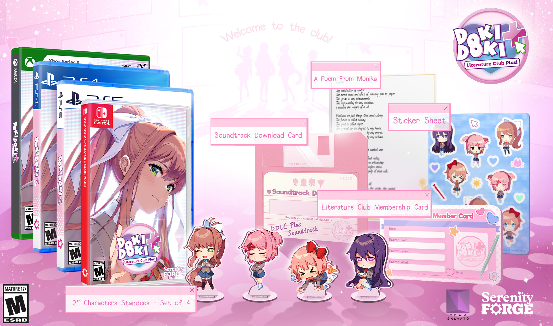 Product shot showing PS4, PS5, and Nintendo Switch game boxes for Doki Doki Literature Club Plus! with the other items you get in this special preorder