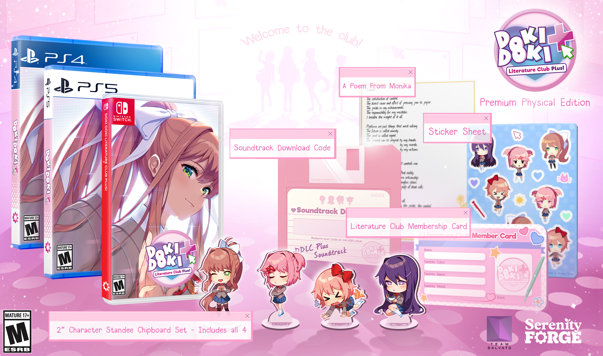 Product shot showing PS4, PS5, and Nintendo Switch game boxes for Doki Doki Literature Club Plus! with the other items you get in this special preorder